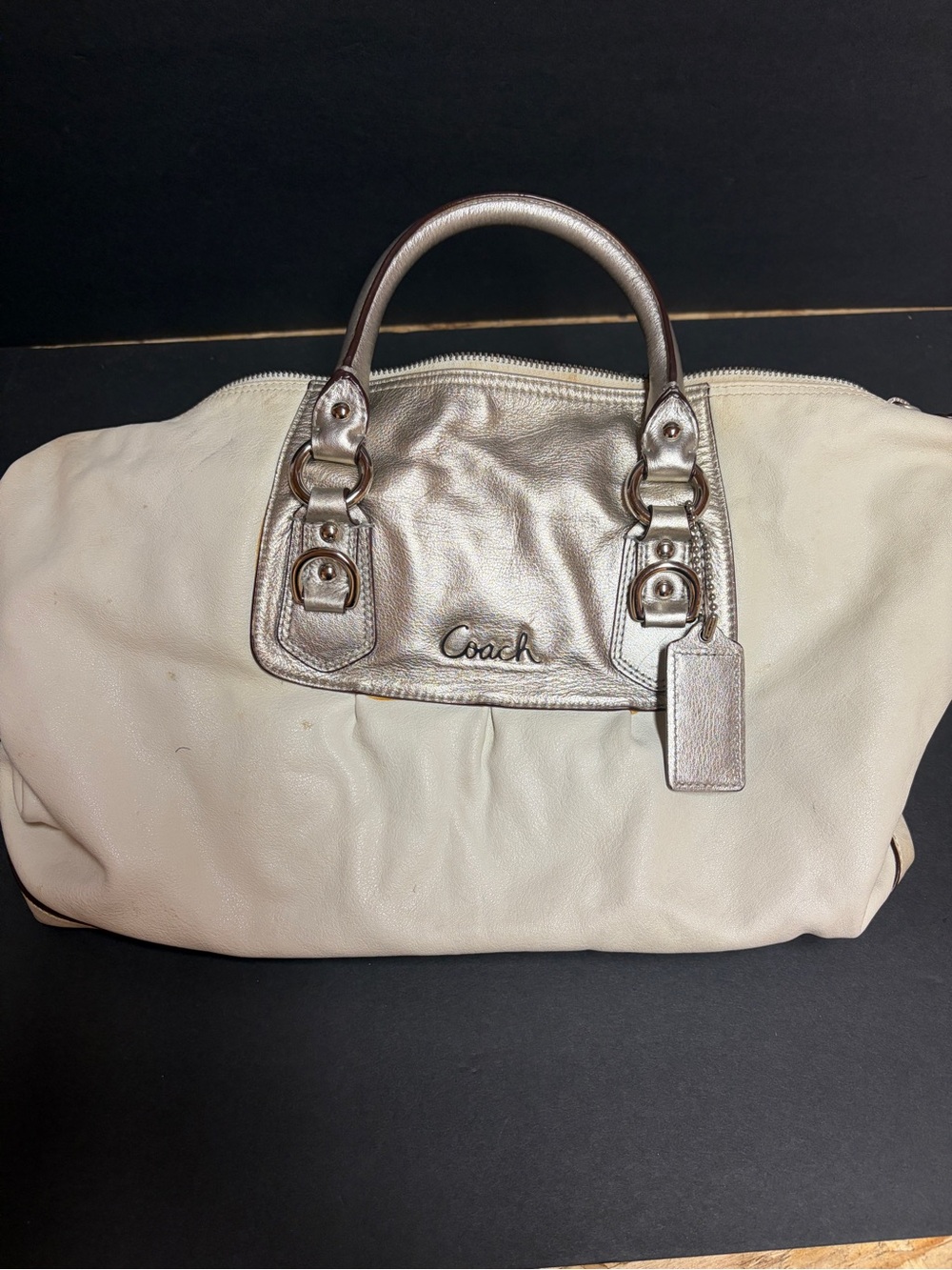 Coach Cream Tote with Metallic Silver Top Detail